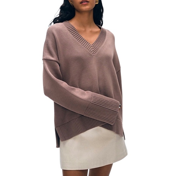 WHITE + WARREN Organic Cotton Oversized V-Neck Sweater Mocha Brown - Picture 5 of 13
